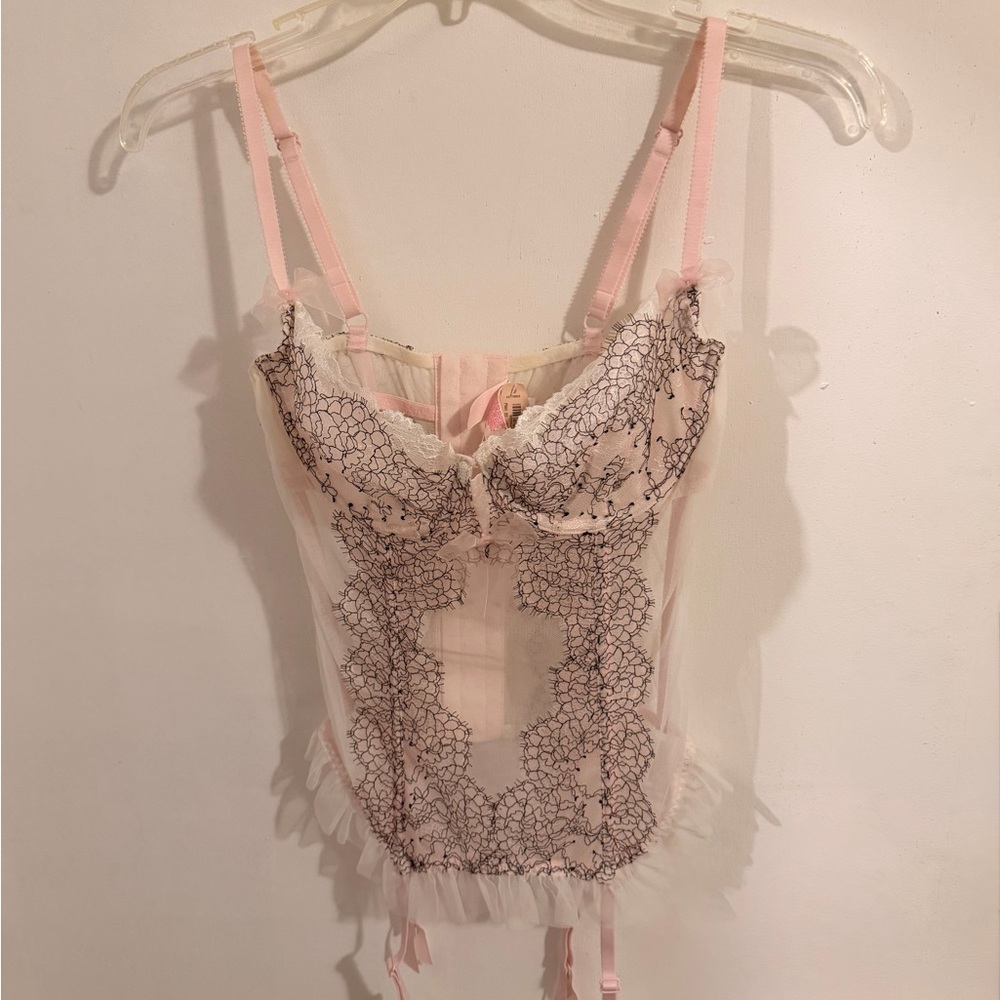 Victoria Secret (Y2K-VS Angel) Sheer Pink Lace Bustier w./Blk Floral Embroidery